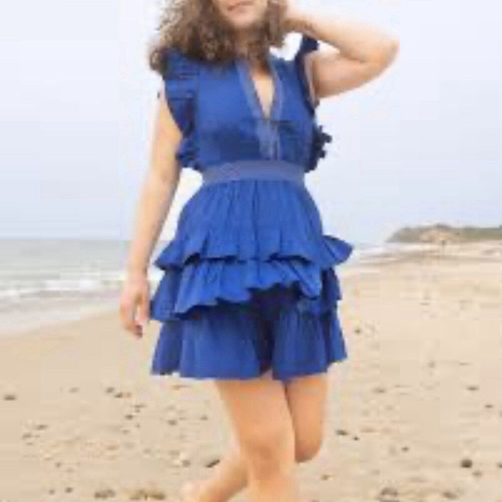 Nibi-Mtk Royal Blue Ruffle Trim Mini Dress Size L Tiered Coquette Tie Back